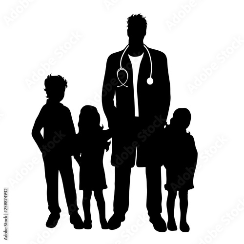Vector silhouette of pediatrician doctor with childen´s patient on white background. Symbol of healthy and hospital.