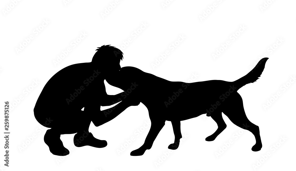 Vector silhouette of man with dog on white background. Symbol of friendship.