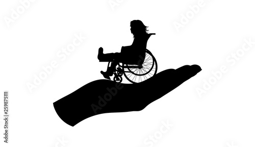 Vector silhouette of hand show child on wheelchair with gypsum on her leg on white background. Symbol of health care.
