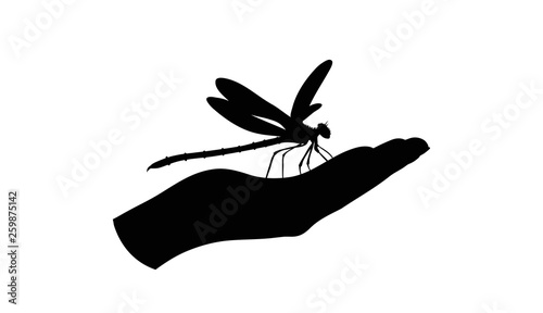 Vector silhouette of hand show dragonfly on white background. Symbol of animal and environmental.