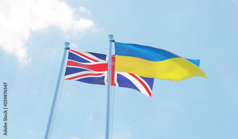 UK and Ukraine, two flags waving against blue sky. 3d image UK and Ukraine, two flags waving against blue sky. 3d image