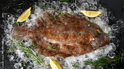 Raw lemon sole fish on ice with herbs and lemon wedges photo