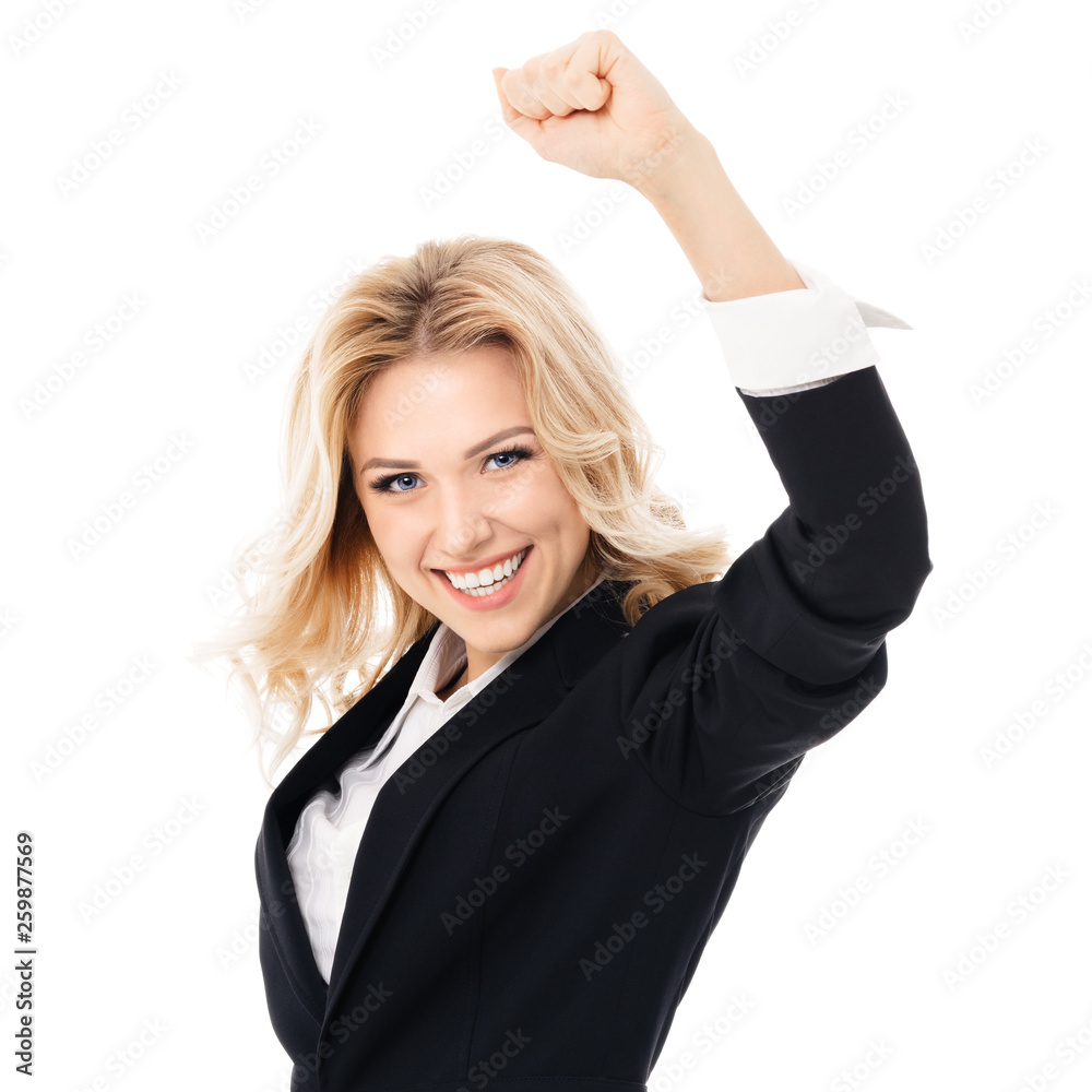 Happy gesturing young cheerful businesswoman Happy gesturing young cheerful businesswoman