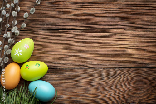 easter decoration on wooden background with copy space