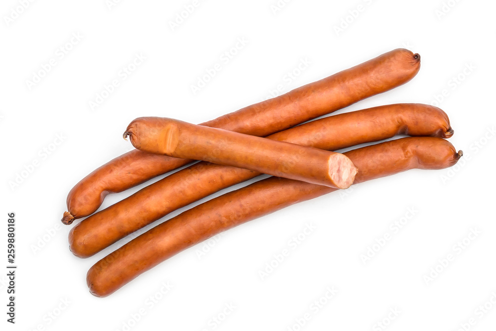 Heap of thin smoked sausage on white. Top view. Heap of thin smoked sausage on white. Top view.