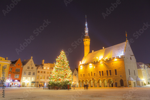 TALLINN, ESTONIA - JANUARY, 10, 2018: Christmas fir tree on the main square of old town