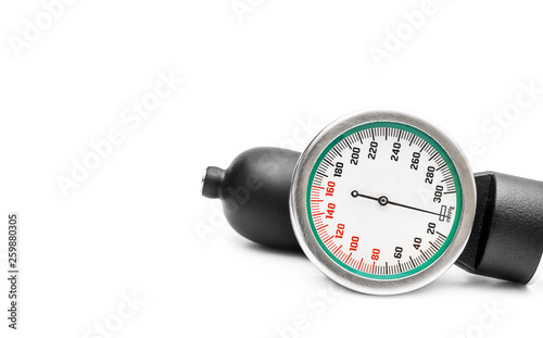 Manometer for measuring blood pressure on white background.