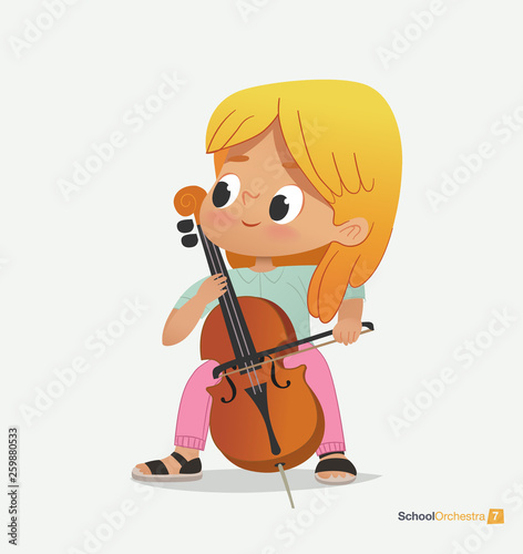 Blond Girl Sit on Chair Play Contrabass with Joy photo