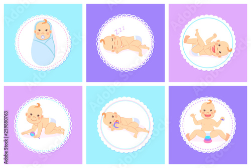 Newborn with forelock, sleeping or lying kid, playing with toys. Portrait view of child in diaper and nipple, toddler character in round, baby set vector
