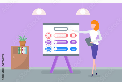 Presenter with whiteboard and information vector. Presentation at office, woman explaining main ideas of project, design of office, business info