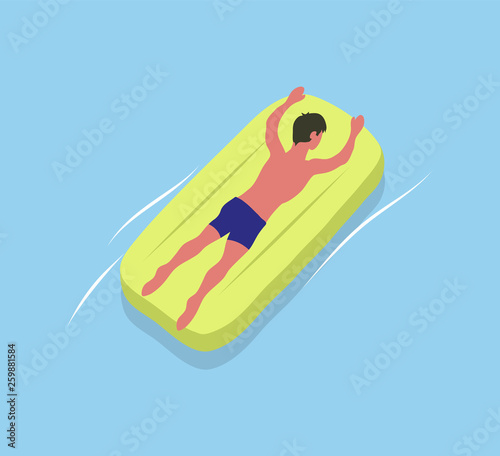 Man suntanning on yellow mattress isolated male character in blue trunks. Vector boy and inflatable means helping to swim in sea or oceans waters