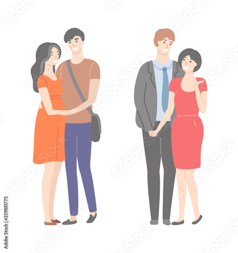 Happy families, wife and husband in gentle hugs isolated. Two married pairs, woman in red dresses and smiling males. Vector people in flat cartoon style