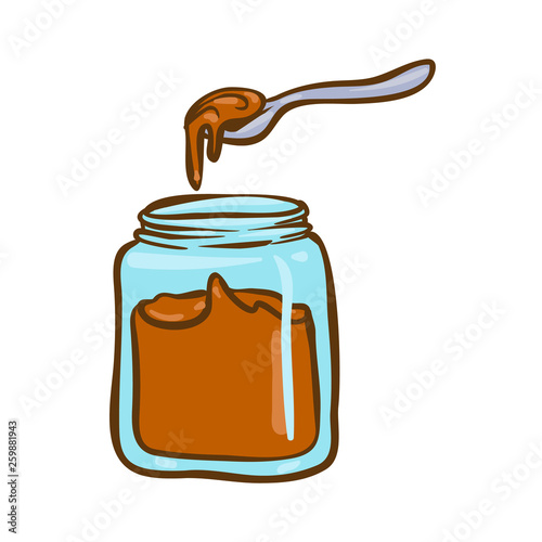 Spoon and Peanut butter jar doodle vector icon. Cartoon illustration of peanut icon for web design. Nuts hand drawn emblems and labels isoleted on white backgraund