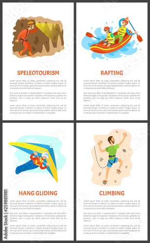 Extreme sports set vector, speleotourism and skydiving. Wall climbing and rafting summer hobby posters set with text, active people skydiver and climber