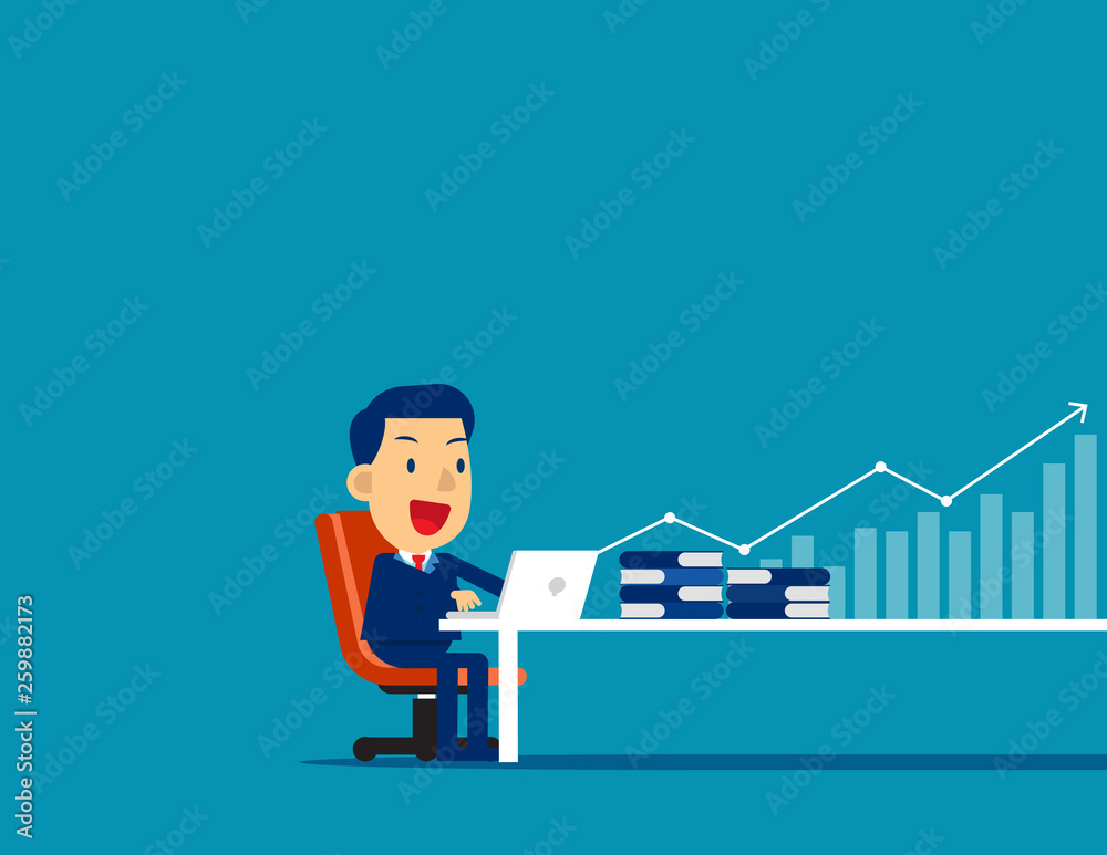 Businessman working at computer with arrow and chart. Concept cute business vector illustraton, Workplace, Executive.