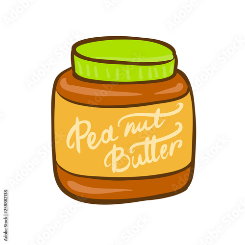 Peanut butter jar doodle vector icon. Cartoon illustration of peanut icon for web design. Nuts hand drawn emblems and labels isoleted on white backgraund