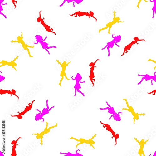 Three happy girls jumping for joy. Seamless Wallpaper pattern. The ability to stretch to any size in all directions without loss of quality. Vector illustration. 