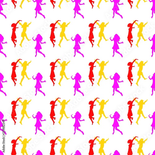 Three happy girls jumping for joy. Seamless Wallpaper pattern. The ability to stretch to any size in all directions without loss of quality. Vector illustration. 