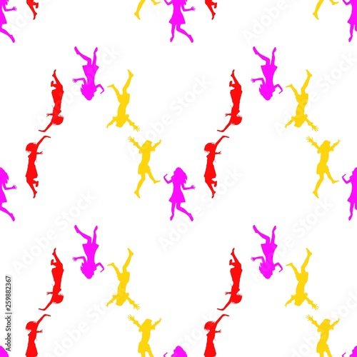 Three happy girls jumping for joy. Seamless Wallpaper pattern.  The ability to stretch to any size in all directions without loss of quality.  Vector illustration. 