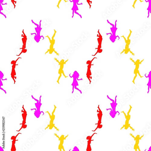 Three happy girls jumping for joy. Seamless Wallpaper pattern. The ability to stretch to any size in all directions without loss of quality. Vector illustration. 