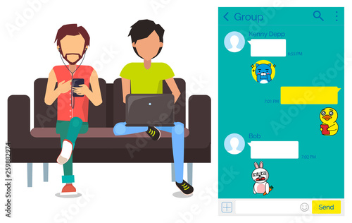 Men on couch using kakao talk Korean messenger vector. Chat interface with stickers, guys with smartphone and laptop, texting app, indoor furniture