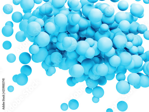 Bright blue chewing gum. 3d render explosion of spheres in space. Azure creative sugar candy on a white background. Summer color poster for advertising. 