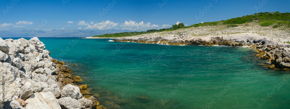 Corfu, panorama from the coast with views of the mountains in Albania.