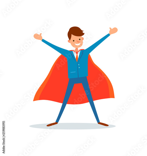 Man hero in business field, genius businessman with super powers vector. Manager with smile wearing cloak. Powerful boss, almighty helper superman