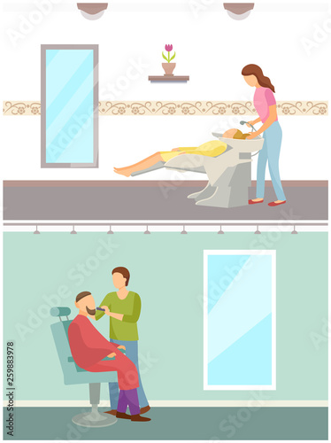 Hair styling and barber shop service set vector. Hairstyle changes for men and women, hairdresser washing head of client, color looks modification