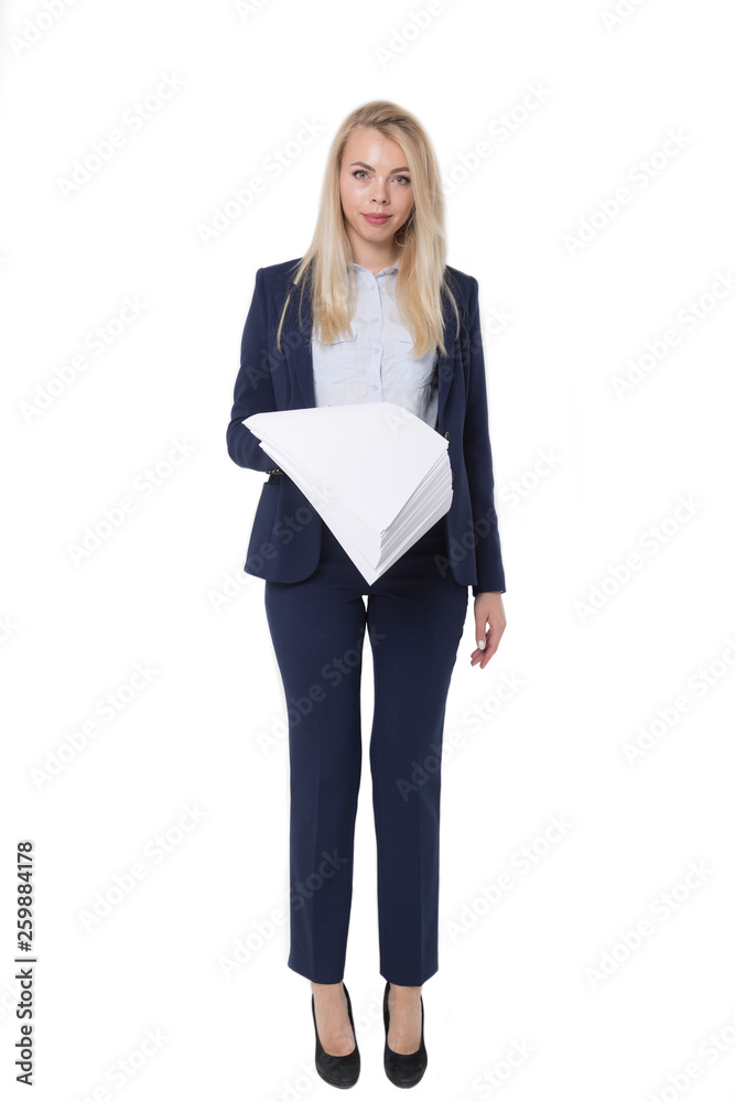 Beautiful girl in a blue suit holding a stack of paper