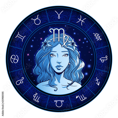 Virgo zodiac sign artwork, beautiful girl face, horoscope symbol, star sign, vector illustration