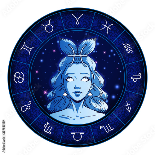 Pisces zodiac sign artwork, beautiful girl face, horoscope symbol, star sign, vector illustration