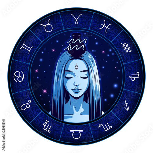 Aquarius zodiac sign artwork, beautiful girl face, horoscope symbol, star sign, vector illustration