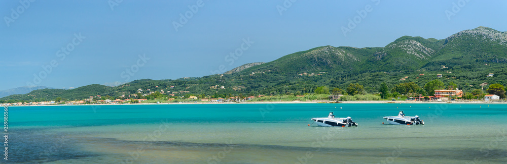 Corfu, panorama of mountain peaks above the sea bay. Corfu, panorama of mountain peaks above the sea bay.