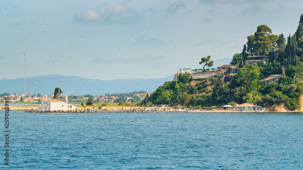 Corfu, Panorama on the Kanoni peninsula and the Paraya monastery on the island of Vlacherna.