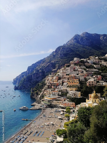 Positano, Italy. Amalfi Coast. View on the city, bay and mountains