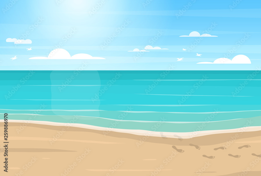 Cartoon Sandy Beach, Sea and Blue Sky. Vector