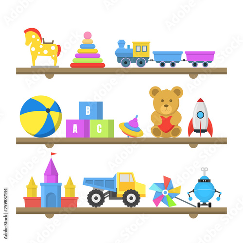 Cartoon Color Toys on Shelves Set. Vector