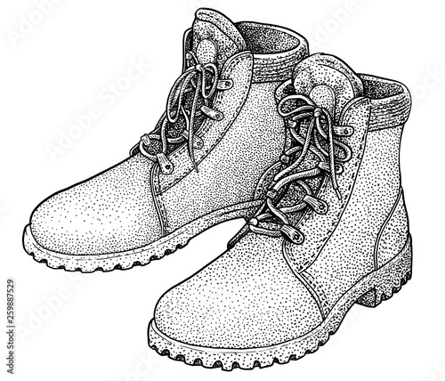 Ankle boots illustration, drawing, engraving, ink, line art, vector