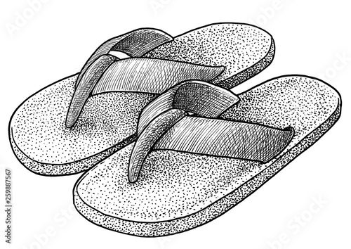 Flip flop, beach slipper illustration, drawing, engraving, ink, line art, vector