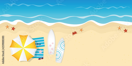 two surfboards and sunglasses on the beach summer holiday design with copy space vector illustration EPS10