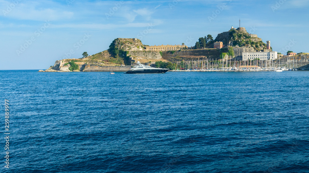 Corfu, Kerkira panorama on the old fortress, view from the sea.