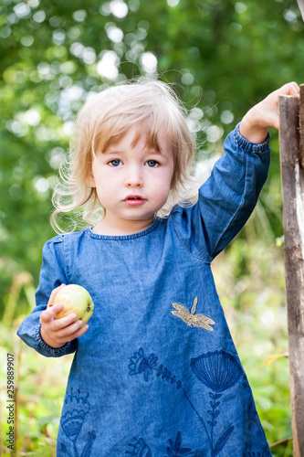 cute two years old blonde white girl in blue dress full-size standing on summer outdoor background photo