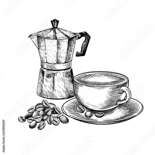 Coffee set. Hand drawn coffee cup of cappuccino or late and retro geyser moca with grain pile. Vector engraved icon. Morning fresh drink. For restaurant and cafe menu, coffee shop design template.