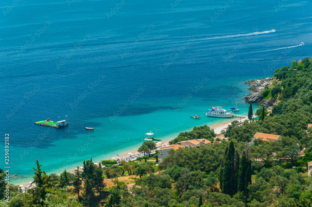 Corfu, panorama on a picturesque mountain landscape with blue bays.