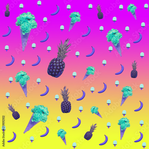 Contemporary art collage of ice cream, bananas and pineapples. Neon background with gradient colors