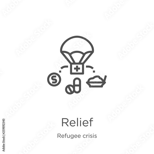 relief icon vector from refugee crisis collection. Thin line relief outline icon vector illustration. Outline, thin line relief icon for website design and mobile, app development