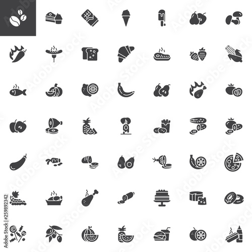 Food and snacks vector icons set, modern solid symbol collection, filled style pictogram pack. Signs, logo illustration. Set includes icons as Coffee beans, Muffin cake, dessert, Fruits, Vegetables