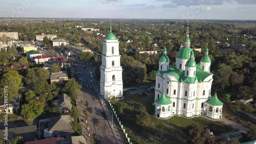 Aerail view to Cathedral Nativity Blessed Virgin in Kozelets, Chernihiv region, Ukraine. An important architectural monument in style of Ukrainian and Elizabethan baroque built in 1752-1763 years