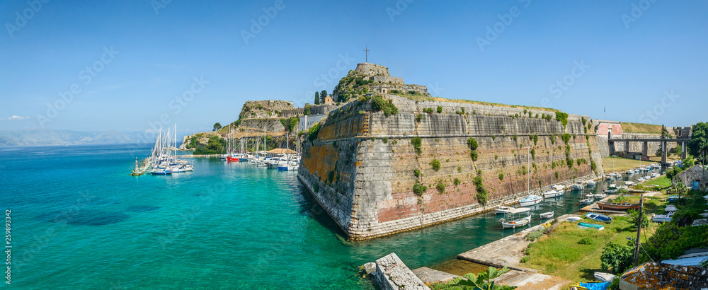 Corfu, Kerkyra panorama on the old fortress, view from the sea.